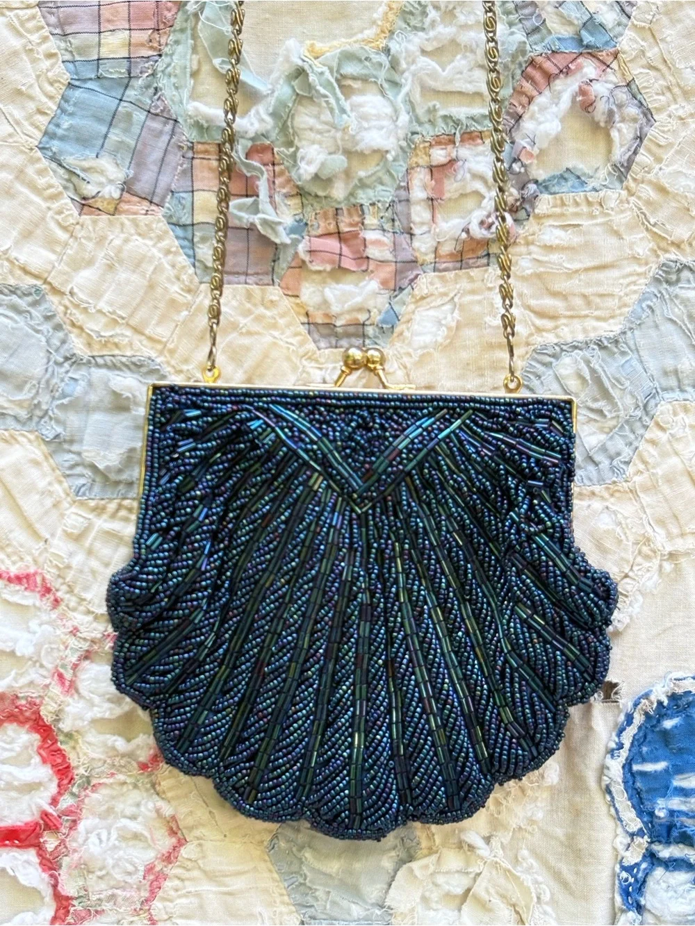 Vintage La Regale Navy Beaded Shell Clutch with Gold Chain